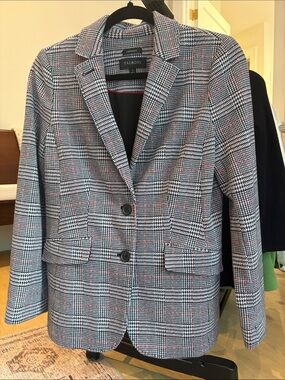 Talbots Black, White and Red Glen Plaid Tailored Blazer with Notch Lapel